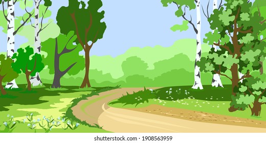 Landscape with a road and snowdrops and birches in spring. The photo of the design