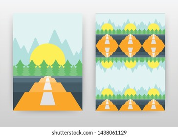 Landscape of road, sun, pine trees and mountains. business design brochure, flyer, poster. Long way landscape background vector illustration for flyer, leaflet, poster. Abstract A4 brochure template.