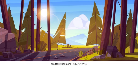 Landscape with road through forest and mountains on horizon. Vector cartoon illustration of nature scene with car highway, coniferous trees, stones and mountain valley. Trip and journey concept