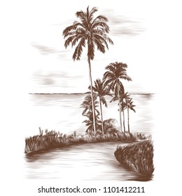 landscape road through the tropics with palm trees on the side of the sea background, sketch vector graphics monochrome