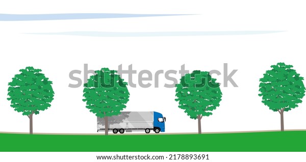 Landscape with roadside trees and large\
truck. Illustration