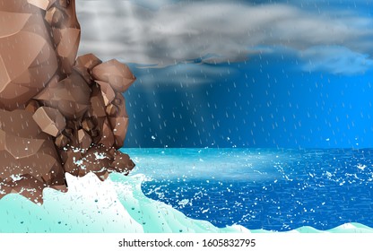 landscape of rock cliff in the ocaen in the rain day