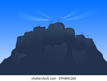 landscape, rocky mountain, dark gradient, spring, on blue background, vector illustration, background creation, book cover design.