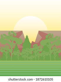 landscape rocky mountains and forest sunset scene vector illustration