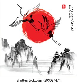 Landscape with rocky mountains, sun and storks in traditional japanese sumi-e style. Vector illustration. Hieroglyph "harmony"
