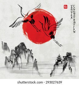 Landschaft mit felsigen Bergen, Sonne und Stürmen im traditionellen japanischen Sumi-e-Stil auf vintage Aquarellhintergrund.  Vektorgrafik. Hieroglyph "harmony"