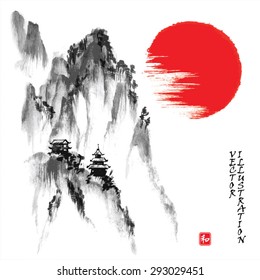 Landscape with rocky mountains and sun in traditional japanese sumi-e style. Vector illustration. Hieroglyph "harmony"