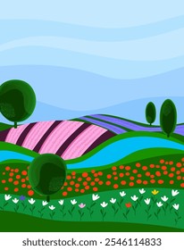 Landscape of rolling hills with fields, river, trees, plants and blooming flowers. Season scene is vibrant and serene, ideal for spring or summer theme, nature project, poster and greeting card