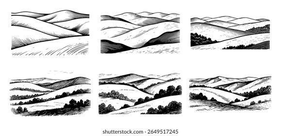 A landscape of rolling hills set, vector engraving style illustration