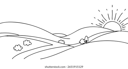 Landscape with rolling hills sun clouds trees continuous line art vector