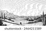 A landscape of rolling hills and sun in cloudy sky. Original vintage rural farm or vineyard illustration in a vintage woodcut engraving style.