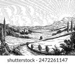 A landscape of rolling hills and sun in cloudy sky. Original vintage rural farm or vineyard illustration in a vintage woodcut engraving style.