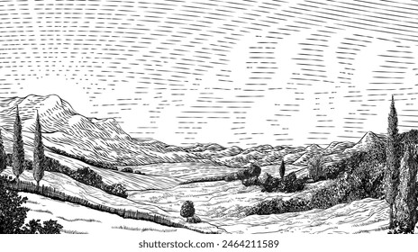 A landscape of rolling hills and sun in cloudy sky. Original vintage rural farm or vineyard illustration in a vintage woodcut engraving style.