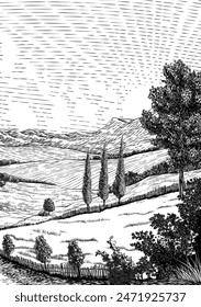 A landscape of rolling hills and sun in cloudy sky. Original vintage rural farm or vineyard illustration in a vintage woodcut engraving style.