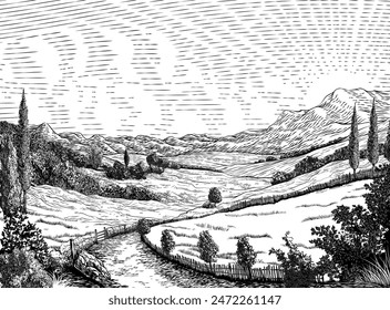 A landscape of rolling hills and sun in cloudy sky. Original vintage rural farm or vineyard illustration in a vintage woodcut engraving style.