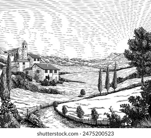 A landscape of rolling hills and sun in cloudy sky. Original vintage rural farm or vineyard illustration in a vintage woodcut engraving style.
