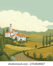 A landscape of rolling hills and sun in cloudy sky. Original vintage rural farm or vineyard illustration in a vintage retro pointillism dots style.