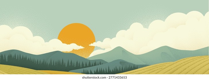 A landscape of rolling hills and sun in cloudy sky. Original vintage rural farm or vineyard illustration in a vintage retro pointillism dots style.