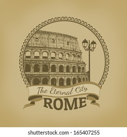 Landscape of Rome ( The Eternal City) on vintage postcard, vector illustration