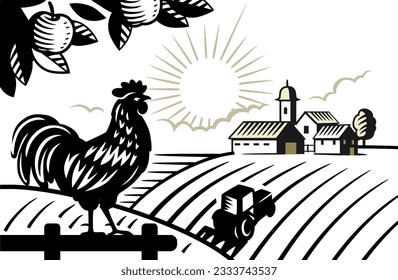 Landscape with rooster and tractor. Village.