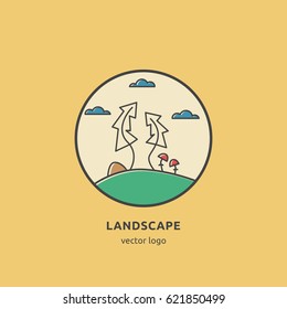 Landscape round design concept in flat line style. Harmony with nature. Tree, mushrooms, anthill, clouds. Vector illustration.