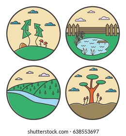Landscape round design concept. Flat line nature view collection. World Environment Day. Vector illustration.