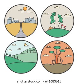 Landscape round design concept. Flat line nature view collection. World Environment Day. Vector illustration.