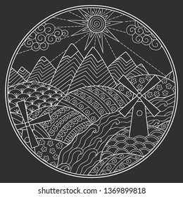Landscape in round frame - mountains, rivers, fields, hills, windmills, sun and cloud. Outline doodle white color pattern on dark background. Stylization of chalk drawing.