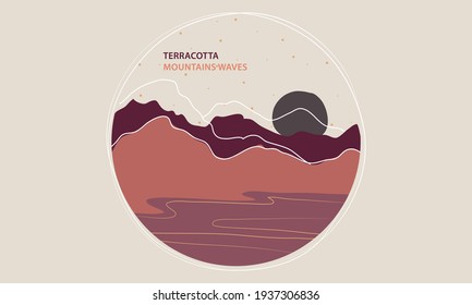 Landscape rounded frame background with mountain waves, lake or sea, stars and sun in terracotta, red and pink muted tones. Flat style with white strokes, hand drawn. Vectorized.