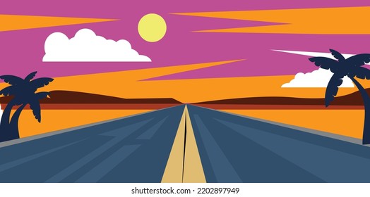 Landscape Route On Road In California Desert With With Sun And Clouds. Vector Illustration