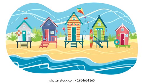 Paisaje de una hilera de cabañas de playa frente al mar. Vacaciones de verano. Ilustración plana del vector EPS10