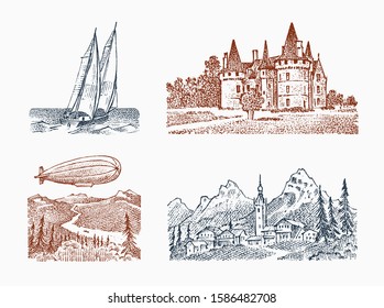 Landscape with a royal castle in the meadow. Fortress and Dirigible, Zeppelin, Mountain and sailboat. Graphic monochrome landscape. Engraved hand drawn old sketch. Background for poster, banner.