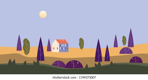 Landscape rural countryside scenery. Farm house, trees, panorama spring, summer season, sun, sunset. Minimal trendy geometric flat style, vector, illustration isolated