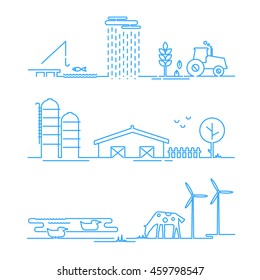 Landscape rural icons in thin line style with possibility adjusting thickness of line, flat design. Vector illustration