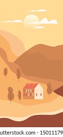 Landscape rural suburban traditional building, hills and trees mountains sea ocean sun in trendy minimal geometric flat style. Vector, isolated vertical. Social media stories baner poster template