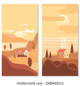 Landscape rural suburban traditional buildings, hills and trees mountains sea sun in trendy minimal geometric flat style. Vector, isolated vertical. Social media stories baner poster template