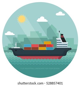 Landscape s sailing. Carrier, Containers on the Container Ship. Flat vector illustration