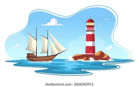 Landscape with Sailboat and Lighthouse in Sea.