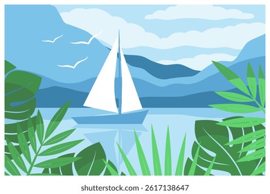 Landscape with a sailboat or yacht, with silhouettes of mountains and palm leaves. Tourism concept, travel, adventure, wild nature, vacation. Vector illustration
