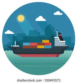 Landscape  sailing. Carrier, Containers on the Container Ship. city place. Flat vector illustration