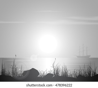 Landscape with sailing ship. BW sunset at the seashore. Black and white vector illustration.