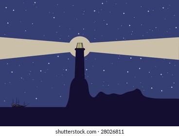 Landscape with sailing ship and the lighthouse. Vector illustration.