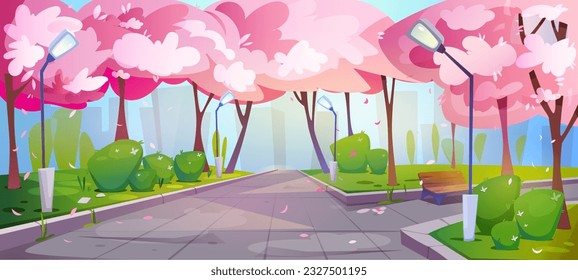 Paisaje con sakura. Flores de cerezo rosado florecientes en el parque japonés. Callejuela vacía para un paseo relajante con hierba verde y pétalos caídos. Un paisaje primaveral romántico. Dibujo vectorial plano de dibujos animados