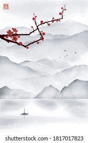 Landscape with sakura blossom. misty mountains, fishing boat and flock of birds. Traditional oriental ink painting sumi-e, u-sin, go-hua. Hieroglyph - blossom