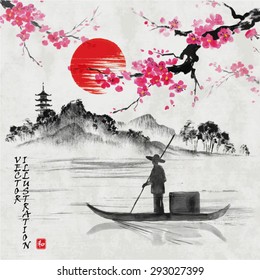 Landscape with sakura branches, fisherman, lake and hills in traditional japanese sumi-e style on vintage watercolor background. Vector illustration. Hieroglyph "harmony"