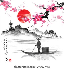 Landscape with sakura branches, fisherman, lake and hills in traditional japanese sumi-e style. Vector illustration. Hieroglyph "harmony"