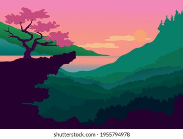 landscape sakura hills vector illustration