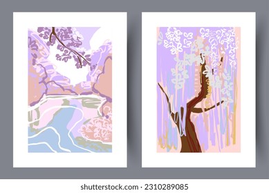 Landscape sakura japanese nature wall art print. Set, collection. Printable minimal abstract sakura poster. Contemporary decorative background with nature. Wall artwork for interior design.