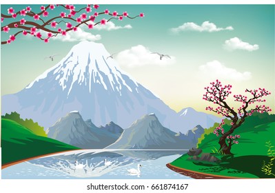 Landscape - Sakura on the river Bank. The volcano and the rocky mountains. Swans on the river. Vector illustration