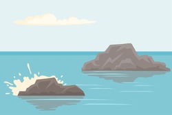Landscape With Salty Water On Seashore. Waves Hit Rocks And Spray Scatters. Water Surface Of Sea With Stones. Ocean Landscape Vector Illustration. Vacation At Sea And Pastime In Fresh Air Concept